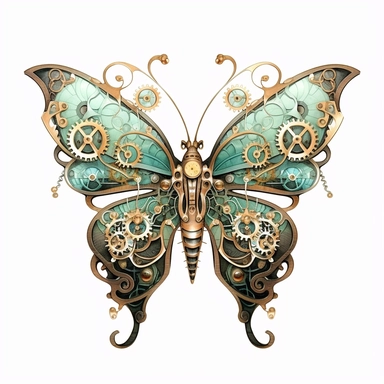 A delicate butterfly with wings detailed with intricate clockwork gears and cogs, with its colors echoing the shine of Chocolate Brown and Mint Green watercolour clipart, white background, no watermarks