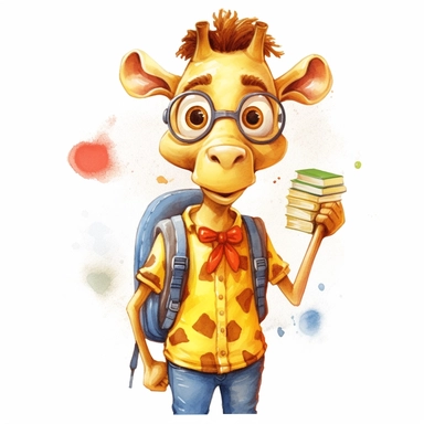 cute Giraffe character wearing school clothes and school element with happy face,front facing on isolated background,with happy face and expression,Animal Sublimation Clipart,no splash watercolor,white background, ultra detailed clipart, cut out image, colorful watercolor realistic, cartoon style, ultra HD, sharp and clean art