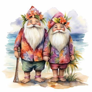 gnomes couple (man and woman) in Hawaii beach outfit, vibrant color, clipart, watercolor illustration, white background