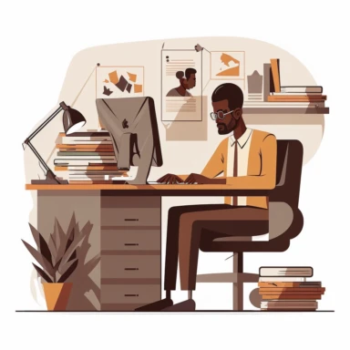 a 45 year old African man sitting in an office in front of his computer with a lot of paper on the table. Vector design, flat modern illustration, clipart, white background, flat illustration, minimalist style, 8k, ultra quality