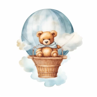 cute Teddy Bear sitting on top of a hot air balloon in the clouds, clipart, watercolor, white background