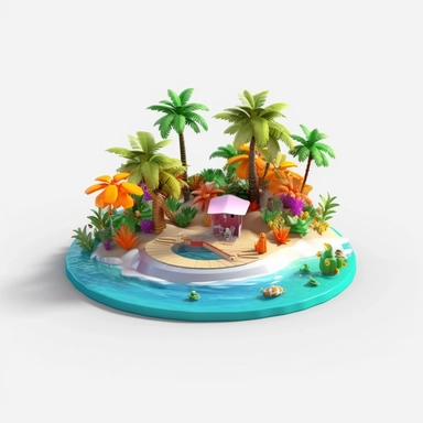 3d island paradise beach clipart in animation style, summer tropical theme, vacation, in solid white background, bright color, high resolution, 8K,