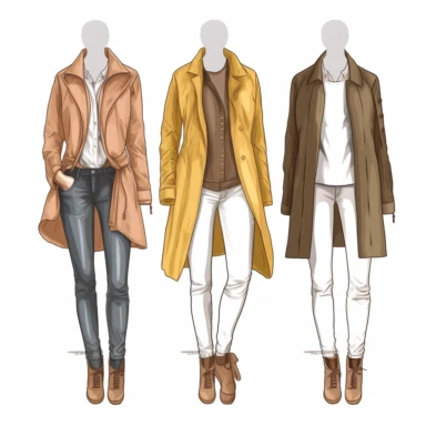2d illustration of 3casual outfits, fashion illustration, clipart, illustration brown longline jacket with white shirt, on mannequin, white background, 360dpi, high resolution