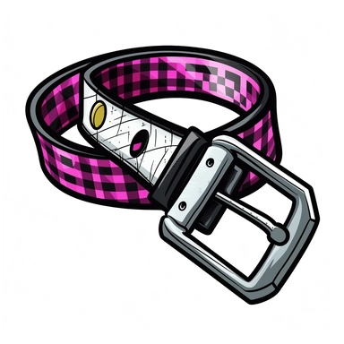 Create a Y2K-style vector illustration clipart on a clean white background, featuring an emo-inspired checkered belt. The belt should embody the bold and edgy aesthetic of Y2K and emo fashion, with a checkered pattern that combines vibrant neon colors and dark tones. The checkered belt should have a wide width, emphasizing its presence as a statement accessory. The squares of the checkered pattern should alternate between neon pastel shades like electric blue, lime green, and bubblegum pink, alo