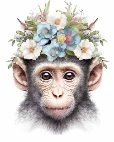 detailed watercolor Baby Monkey flowers on head , hyper realistic, isolated on a white background, clipart