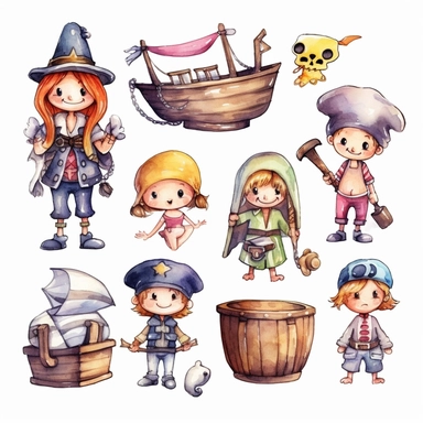 Watercolor pirates cute illustrations clipart set, simple, soft colors, cartoon elements, different variants, cute little pirate boy and girl pirate ship, pirate treasure chest, daggers, swords, pirate glag, skulls, billybones,, wooden elements, loot,, separate elements with a margin
