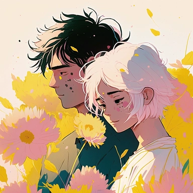 Dreamlike hyper realistic illustration of a couple in love embracing. The man has black hair. The girl is has white hair. In a field of pink and yellow flowers. Flat colors, simple lines, gorgeous lighting, graphic novel style, 2d painting, ink painting style, digital art, childrens character design, happy mood, pixar style cartoon, line work, minimalist, watercolor, 8k, PNG, clipart on white background, sticker style, studio ghibli vibe, studio ghibli style