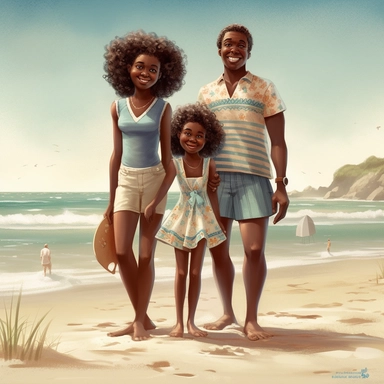 Happy Black Girl and her mom and dad Smiling at the beach ib sag harbor art,black girlsclipart, Funny black girl , Cheerful african american girl child png, clipart, afro ,Full body with legs , Cottage core , preppy , Highly detailed close-up portrait , standing , Nicoletta Ceccoli, Mark Ryden, lostfish, Earl Nor, global lighting, divine rays, detailed and intricate surroundings, sf, intricate artwork masterpiece, ominous, matte painting movie poster, blue ratio, trending on cgsociety, intricate
