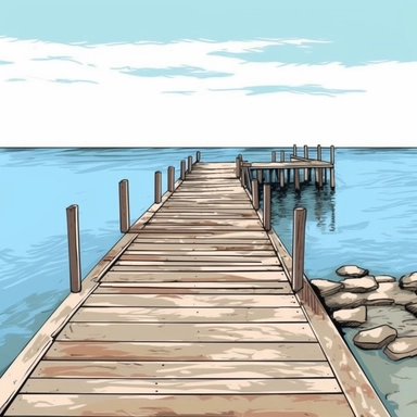 clipart picture of a dock, shore of beach, white background, clean lines and edges