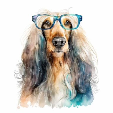 a watercolor painting of a Afghandog Hound COOL with glasses, clipart, white background
