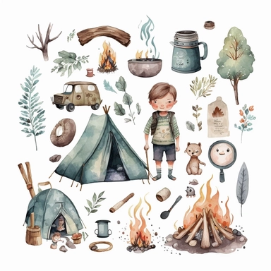 Watercolor boho camping illustrations clipart set, simple, soft colors, cartoon elements, different variants, cute little boy, tent, campervan, camping related items, pots, bonfire, , separate elements with a margin