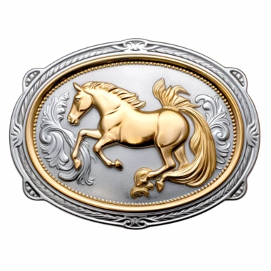 Oval western belt buckle in silver and gold with Horse print, watercolor, clipart, illustration, white background, digital painting, paper crafting, no signature, no text