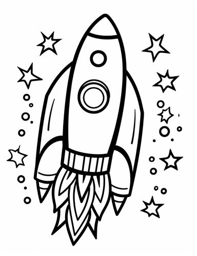 Kawaii rocket ready for takeoff with bright flames For Simple Coloring page,line art, thick lines, black and white,clipart, illustration, on white background,Detailed,Details
