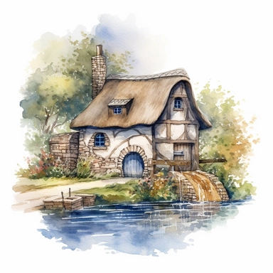 watercolor clipart artwork showcasing the beauty of an ancient medieval cottage surrounded by nature's tranquility. The cottage, situated alongside a calm and meandering river, features a charming waterwheel that turns gracefully, adding a touch of whimsy to the scene. The artist's meticulous attention to detail brings the rustic cottage to life, with textured stone walls, a thatched roof, and vibrant vegetation. Against a pure white background, the watercolor medium creates a soft and dreamy at
