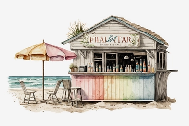 beach bar, summer, pastel color, clipart,clean, watercolor, illustration, detailed, no background,