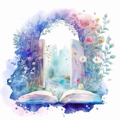 fantasy scene coming out of an open book, secret garden, florals, magical, watercolors, Clipart, pastel blue color theme