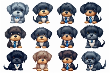 9 sets of a cute baby puppies Munchkin, smile,round face,round head,Wearing a tie,different poses,different breeds, clipart, isolated on white background, spaced out,