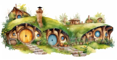 Adorable hobbit houses, clipart, vivid colours, ornamental watercolor, white background, I can’t believe how beautiful this is