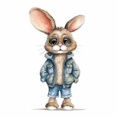 A detailed illustration of a very cute and friendly bunny with a big personality, , wearing clothes, Hand drawn watercolor clipart in the style of Nidhi Chanani on white background