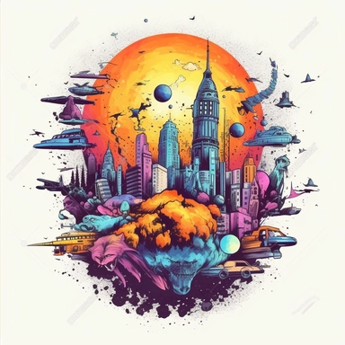 Artwork for t shirt graphic of majestic vibrant color magnificent funny big foot planets and solarsystem in the Back, starting Rocket from the ground, in a pencil drawing style, A vibrant featuring a sun setting over a futuristic City, with a soft pink sk