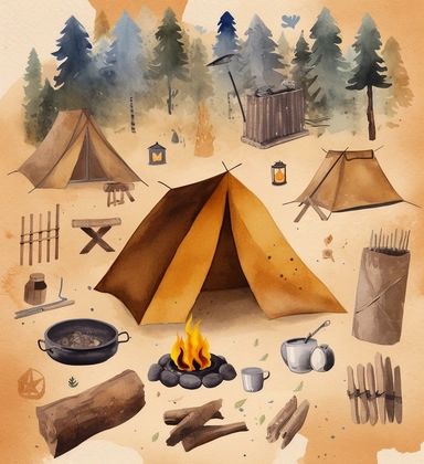 Create a hand drawn watercolor clipart depicting scenes of campsites with tents, campfires, trees, and other camping - related elements, brown background, 4k,