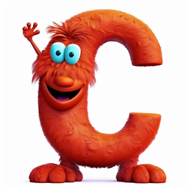 clipart style letter C, with arms, legs and friendly cute face for children