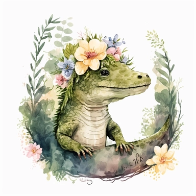 Safari cute Baby crocodile Animal Watercolor Clipart, gliding gracefully through a tranquil mangrove forest, flowers adorning its head like a crown, dappled sunlight filtering through the dense foliage, creating an atmosphere of mystery and tranquility, Artwork, mixed media with watercolor and colored pencils,