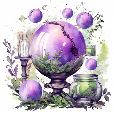 whimsical medieval crystal ball watercolor clipart in purple green, herbs, candles, chaotic
