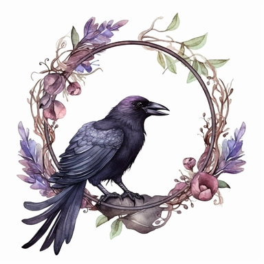 a cute fluffy fat flying raven on a branch, wreath, in a circle, clipart, white background, watercolor, Art Nouveau, highly detailed