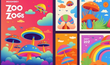 Vector set of 60s and 70s psychedelic clipart. Retro groovy mushrooms, flowers, eyes, sun, moon, butterfly. Cartoon hippie stickers. Vintage boho illustrations. Abstract trippy art as soft ethereal dreamy background, professional color grading, copy space