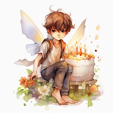 beautiful fairy boy Birthday, illustration clipart, high detailed, white background, digital art, watercolor, hd