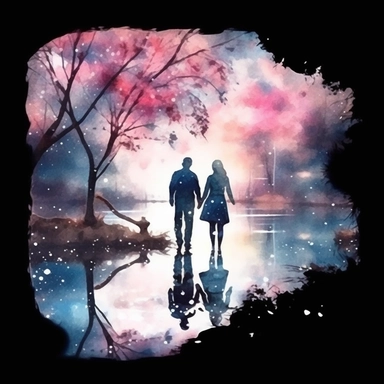 Watercolor, A couple by the river in bloom, night,clipart on black background