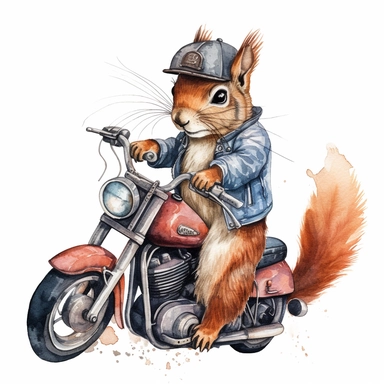 squirrel riding on harley davidson, motorcycle gang outfit, handpainted,watercolor, vector, clipart, clean white background