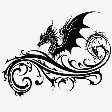 clipart, simple one horizontal scrolled line, black and white, dragon