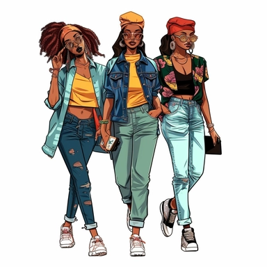 full body, 3 full-figure caribbean women in streetwear, clipart style, whiote background, highly detailed, very attractive, glamourous, make up beautiful, gorgeous, glowing, happy smiling