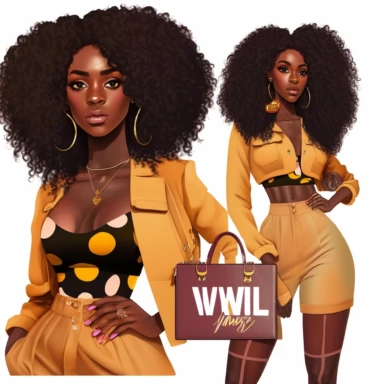 stunningly beautiful full body afican american woman clipart with voluminous curly hair wearing a fashion nova outfit??? , fashionable, clutch handbag, isolated design, clipart image inspired by Hui Mu
