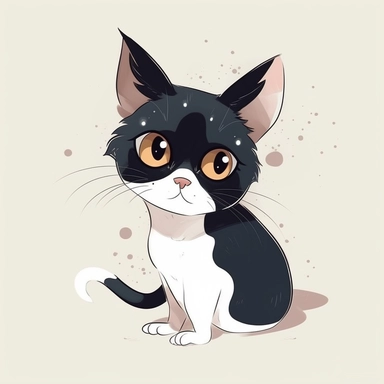 cute and beautiful cat with white face with few spots in black close to the ears and left side of nose and black tail vector art, clipart, illustration, kids book style, different angles, character sheet, white background, ar 3:2, q 2