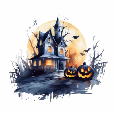 watercolor style, spooky halloween haunted house graveyard in front clipart, haunted house decorated in creepy Halloween style decor jack o lanterns, whimsical Halloween witch house, isolated on white background, 4K, dark, night scene