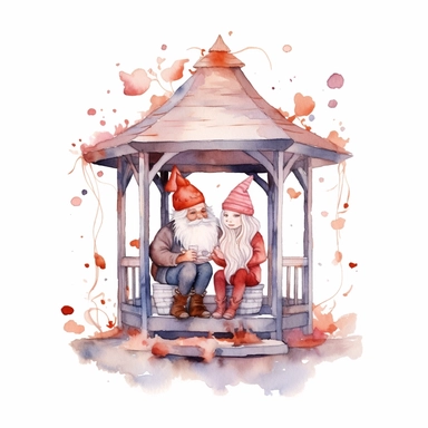 Watercolor magical gnome couple sitting in a gazebo watercolor clipart on white background, vivid colors, enchanting scene clipart on a white background in the style of feminine sticker art, Tanya Shatseva, storybook illustration, red, white and caramel tones, Georgia O'Keeffe, colored line art, colored outlines, cottagecore design, watercolor on white background, crisp tones, sticker outline, colored line art, colored outlines, iridescent ombre, gradient shading, pure tone, vibrant digital art 