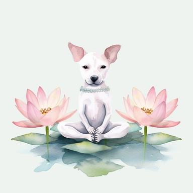 cute dog doing yoga exercise, yoga lotus flower background, watercolour clip art