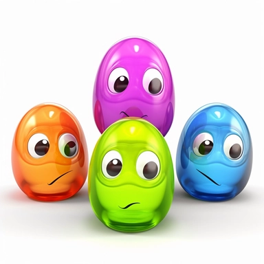 sprite sheet clip art of equally spaced round transparent jelly beans with white cartoon eyes. red, blue, green, purple, yellow colors. 5 colours PNG format clipart, prerendered 3d, 3d, palletized colours, deep blacks, deep colors, vibrant colors, mobile game
