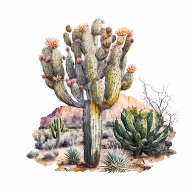 watercolor art, stunning desert cacti clipart featuring a single majestic cactus, set against a pristine white background, highlighting its natural beauty and elegance. no text, no caption