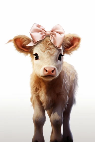 a baby cow with pink bow, clipart, white background