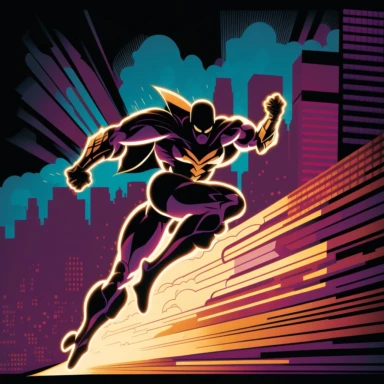 An exciting clipart image of a superhero swooping in with dramatic flair, surrounded by an expansive urban landscape filled with towering buildings and vibrant night lights. The bright colors of the cityscape create a vivid energy that captures the electricity and anticipation of the scene. The superhero is illuminated by a glorious, golden halo of light that elicits feelings of awe and power. The dazzling effect casts eye-catching glimmers of color and catches the attention of observers.