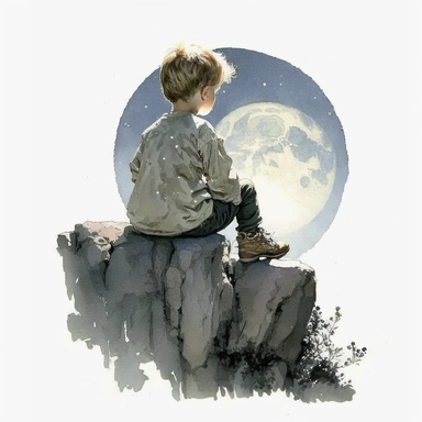 A boy is sitting on a rock watching the moonlight, Moonlight Boy, splash , watercolor by Thomas W.Schalle, clipart, white background