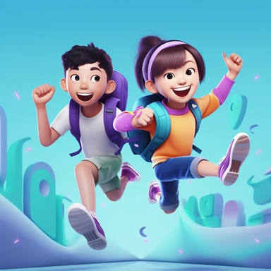 POPMARTstyle, OC renderer,a boy and a girl under 10 years old are depicted in detail from the front, Jumping and running happily with a backpack on their back，The action pose of opening the Bilibili APP logo. wide-eyed, smiling, They are located in a future technology museum, with electronic and lighting elements of the future. The boy has big eyes, wide-eyed,short hair, and wears primarily blue casual sportswear with a smart pen in his hand, School bag. The girl also has big blue eyes, wide-eye
