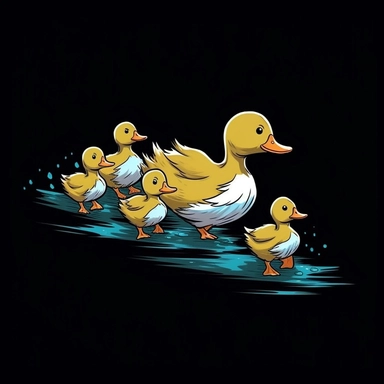 cartoon 2d clipart duck being followed by three baby ducks black background