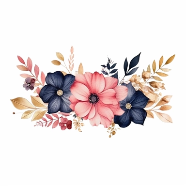 wedding floral clipart, floral rectangular border, watercolor, pink and golden and navy blue colors, isolated on white