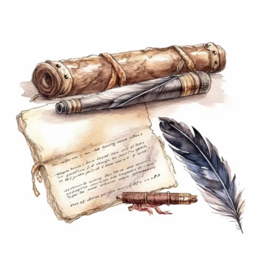Old book, paper scroll and feather pen sketch set, Watercolour Illustration clipart, 4K, extremely detailed