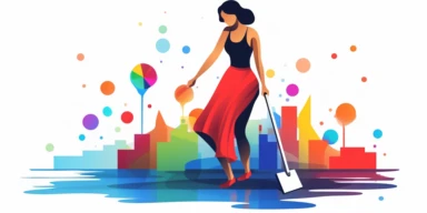 a maid with a mop, cleaning up colorful location data spilled on the floor, location icons are everywhere, clipart, vector graphic, very low detail, in the style of minimalist illustrator, white background